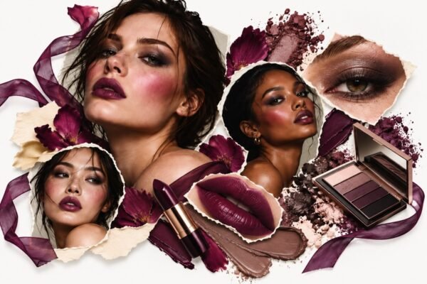 Autumn beauty collage featuring berry lips, smoky eyes, cranberry blush and plum-toned cosmetics
