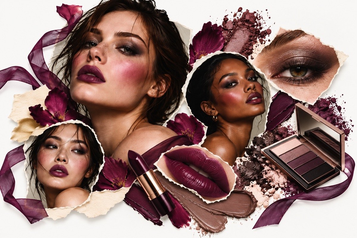Autumn beauty collage featuring berry lips, smoky eyes, cranberry blush and plum-toned cosmetics