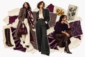 Autumn fashion collage with charcoal tailoring, a checked coat, plum knitwear, burgundy accessories and brown boots