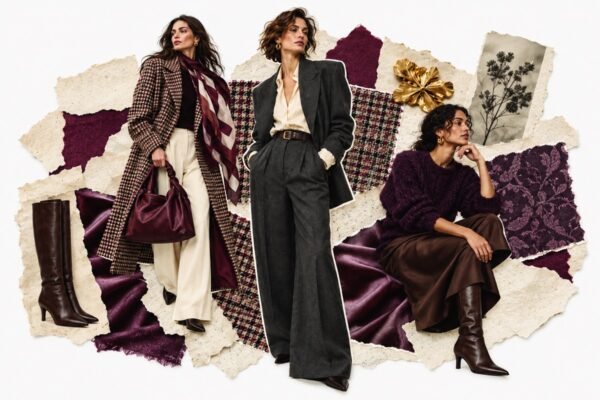 Autumn fashion collage with charcoal tailoring, a checked coat, plum knitwear, burgundy accessories and brown boots