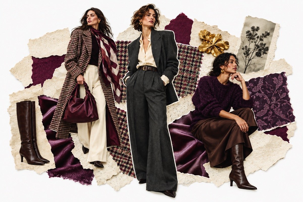 Autumn fashion collage with charcoal tailoring, a checked coat, plum knitwear, burgundy accessories and brown boots